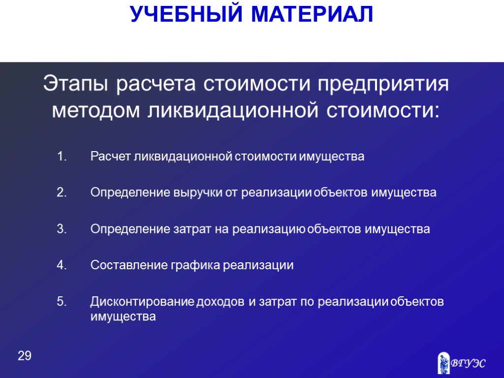 УЧЕБНЫЙ МАТЕРИАЛ 29 Этапы расчета стоимости предприятия методом ликвидационной стоимости: Расчет ликвидационной стоимости имущества